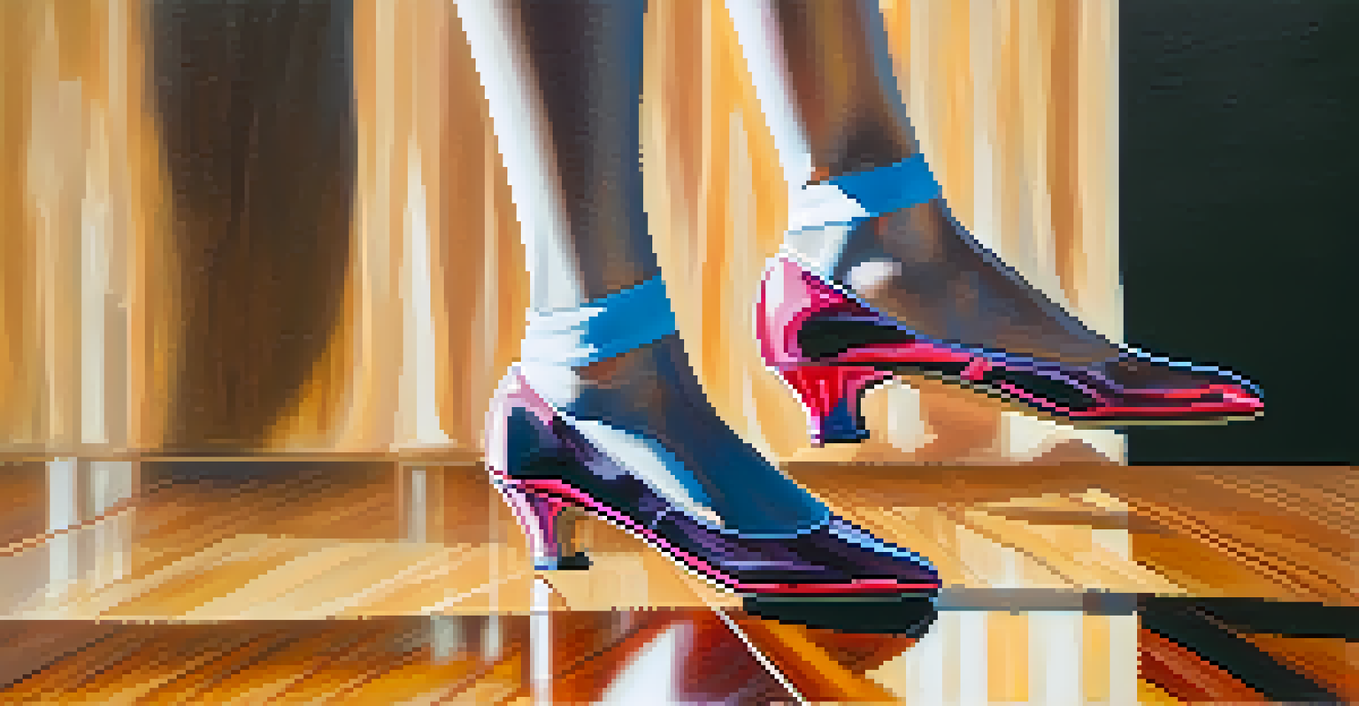 Close-up of a dancer's feet in colorful shoes on a polished wooden floor, with abstract art blurred in the background.