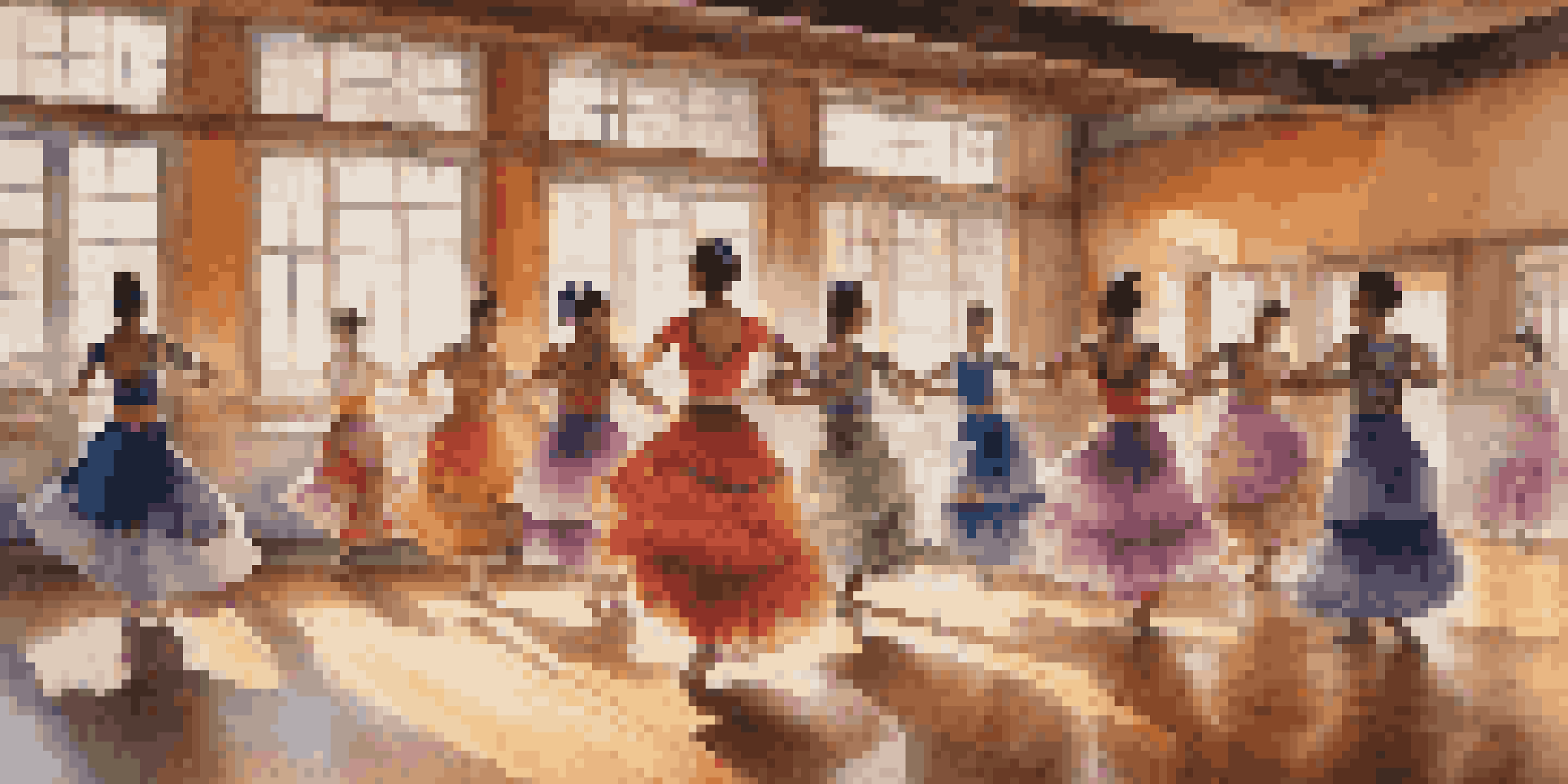 A lively dance studio with dancers of various backgrounds practicing traditional dance styles, illuminated by sunlight filtering through large windows.