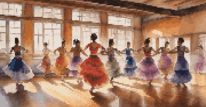 A lively dance studio with dancers of various backgrounds practicing traditional dance styles, illuminated by sunlight filtering through large windows.