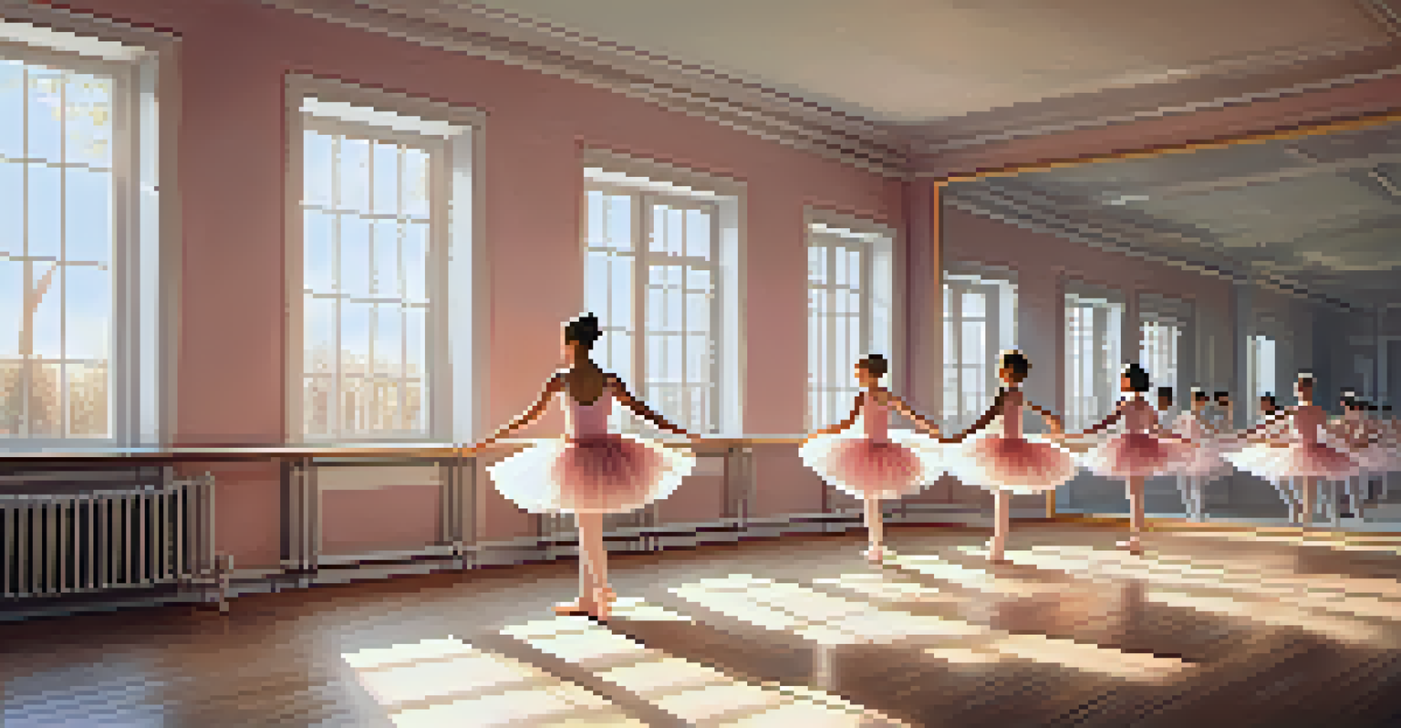 Young children practicing ballet in a bright studio with sunlight illuminating the space.