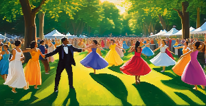 An outdoor dance festival with dancers in colorful costumes performing in a green park, surrounded by flowers and trees, with sunlight filtering through the leaves.