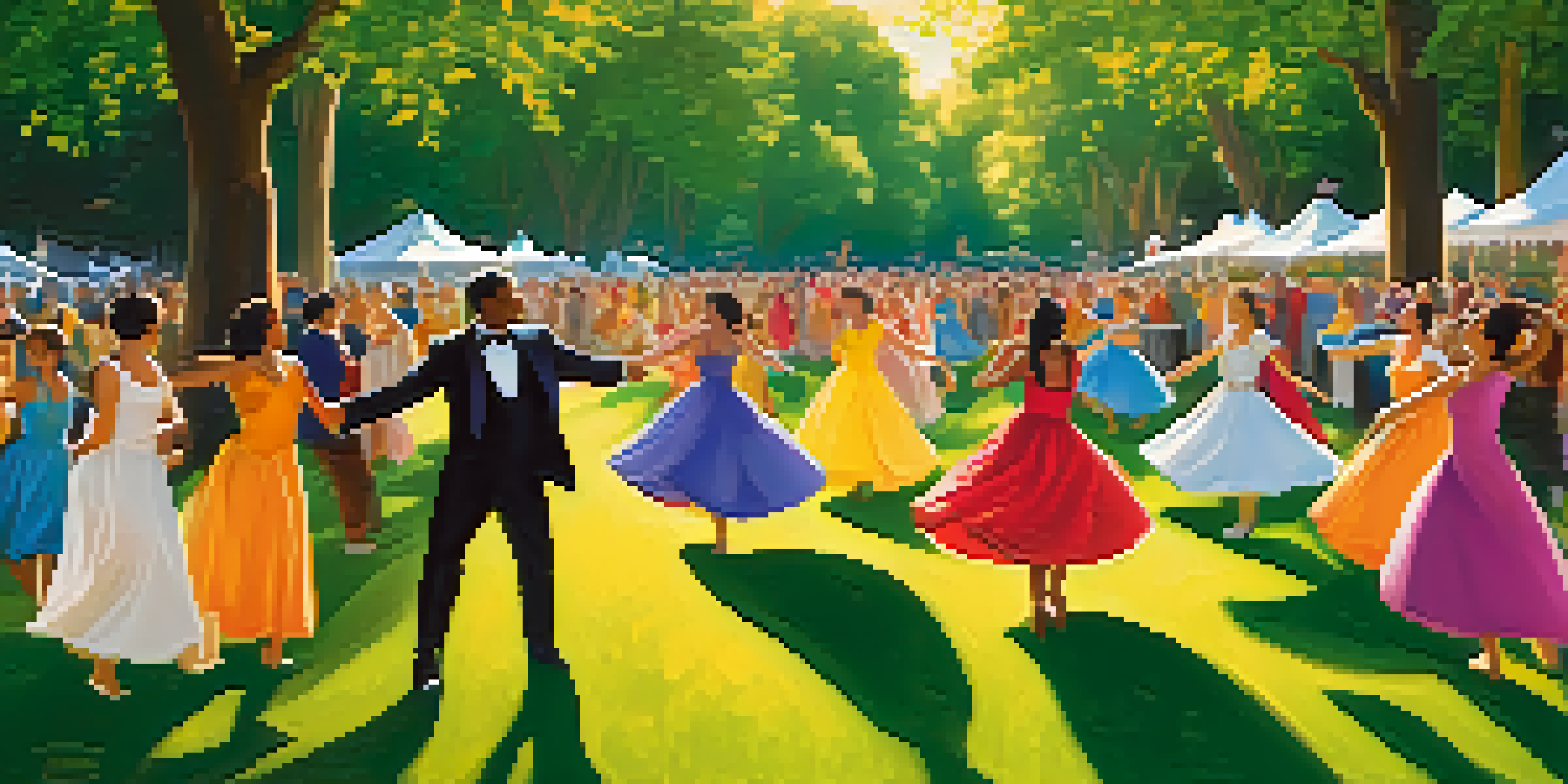 An outdoor dance festival with dancers in colorful costumes performing in a green park, surrounded by flowers and trees, with sunlight filtering through the leaves.