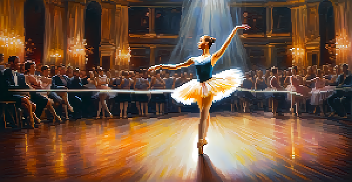 An Impressionist painting of a ballet dancer performing on stage, surrounded by a blurred audience and warm lighting.