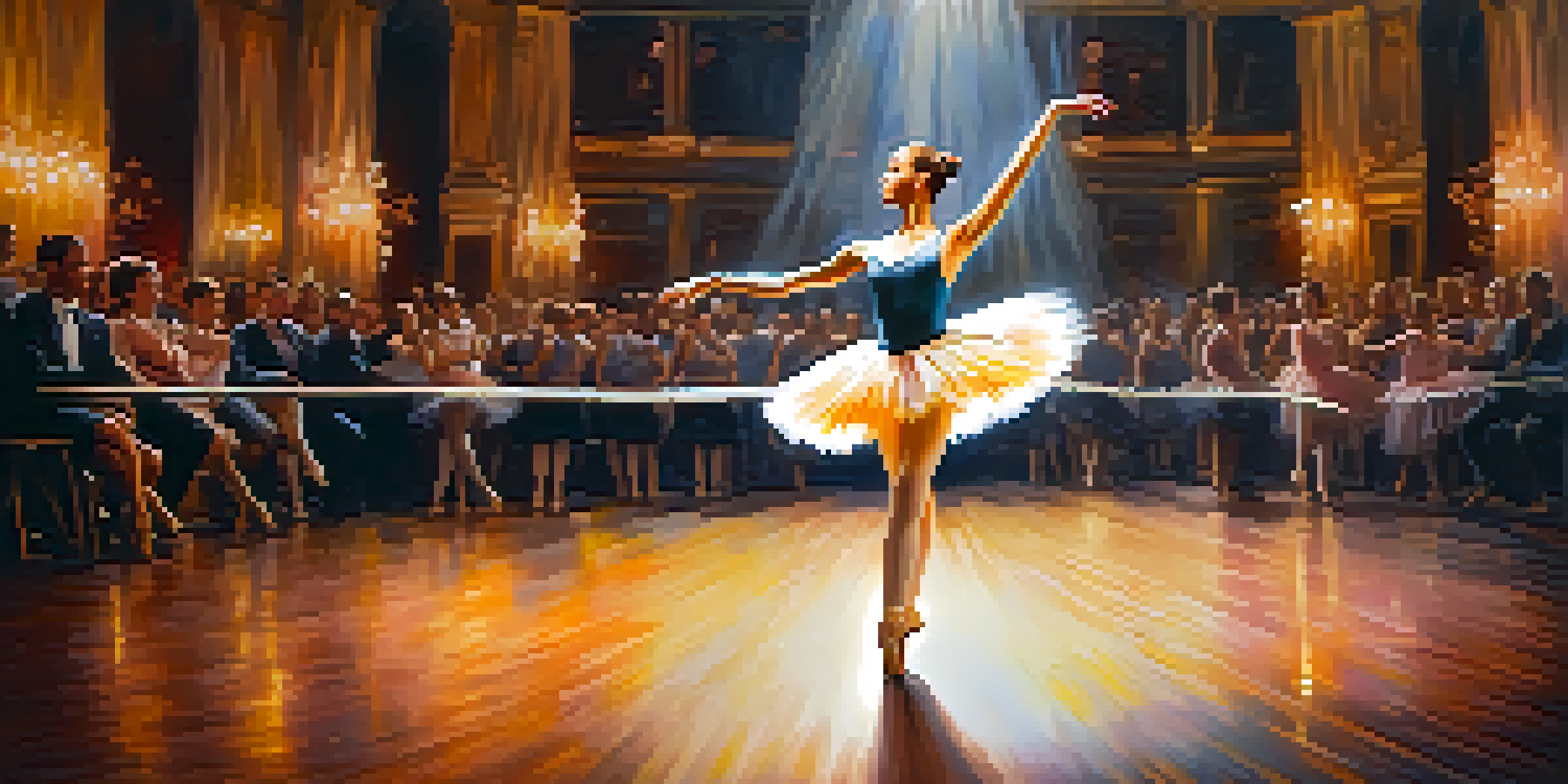 An Impressionist painting of a ballet dancer performing on stage, surrounded by a blurred audience and warm lighting.