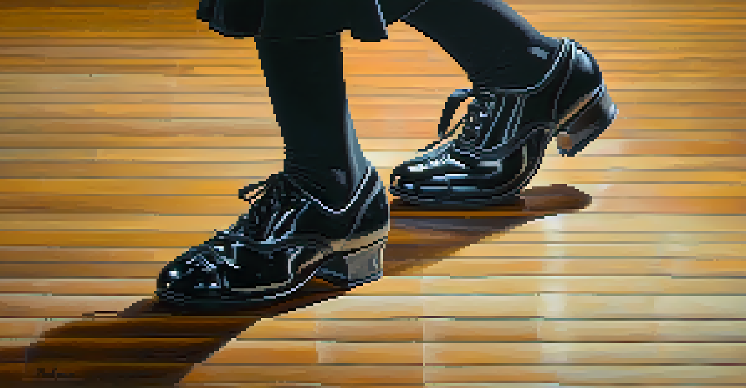 Close-up of a dancer's feet in traditional Irish dance shoes, highlighting the intricate details and rhythm on a wooden floor.