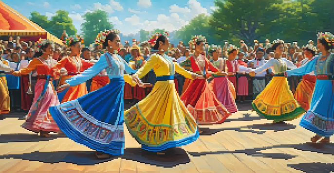 A lively outdoor folk dance festival with participants in colorful traditional costumes dancing amidst greenery and a blue sky.