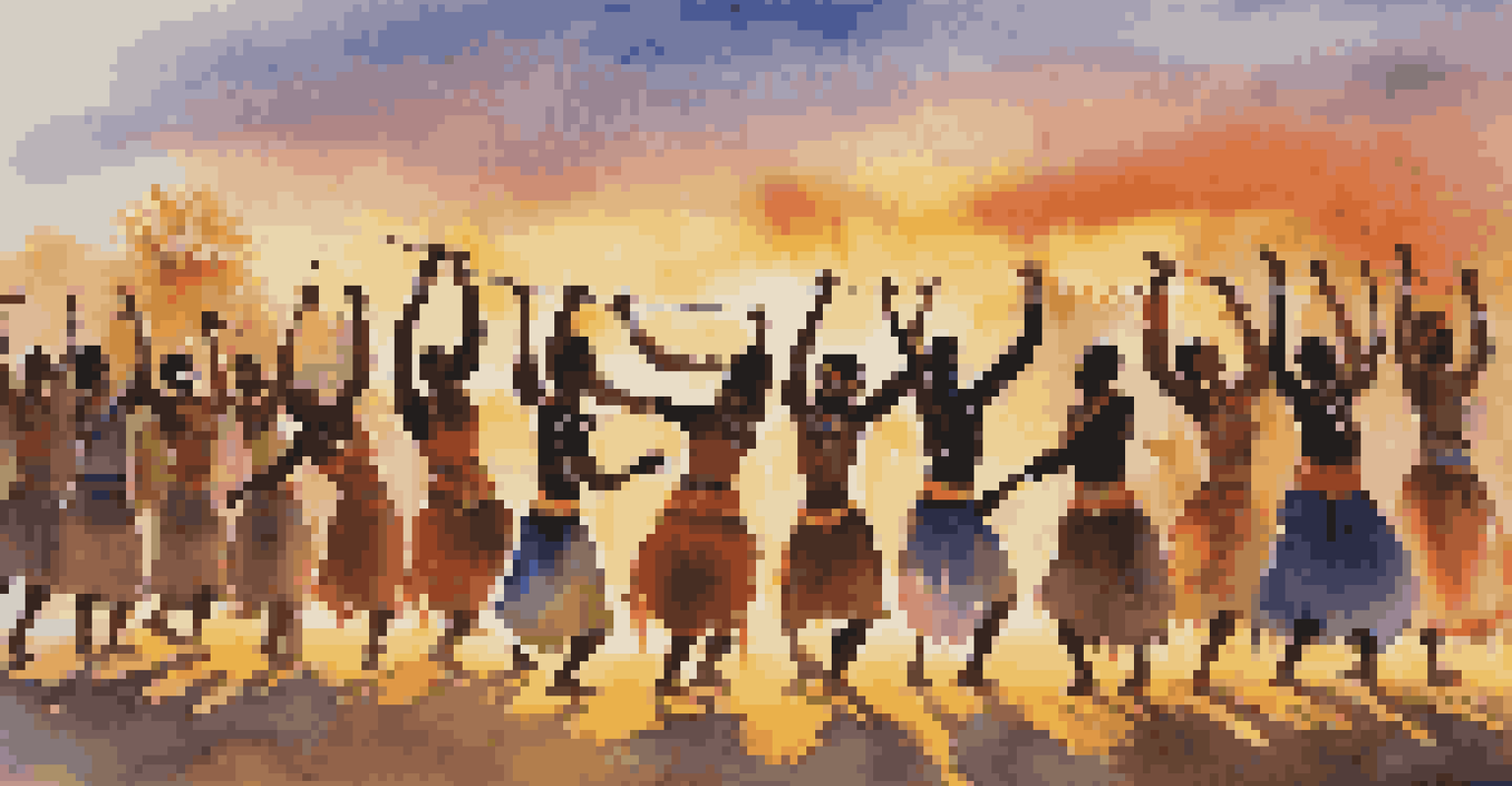 A Southern African dance group performing at sunset, with dancers using sticks and shields in an engaging outdoor setting.