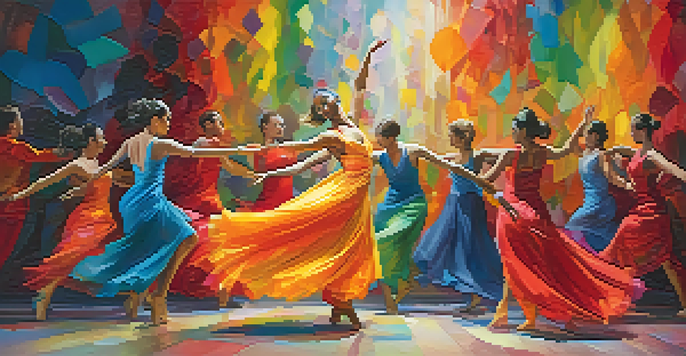 A colorful dance performance with dancers in flowing costumes against abstract paintings, illuminated by warm lighting.
