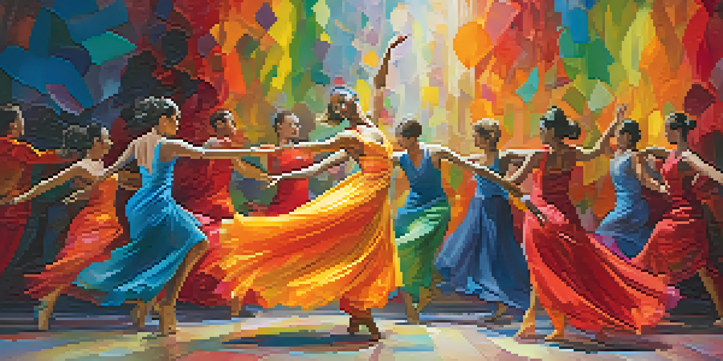 A colorful dance performance with dancers in flowing costumes against abstract paintings, illuminated by warm lighting.