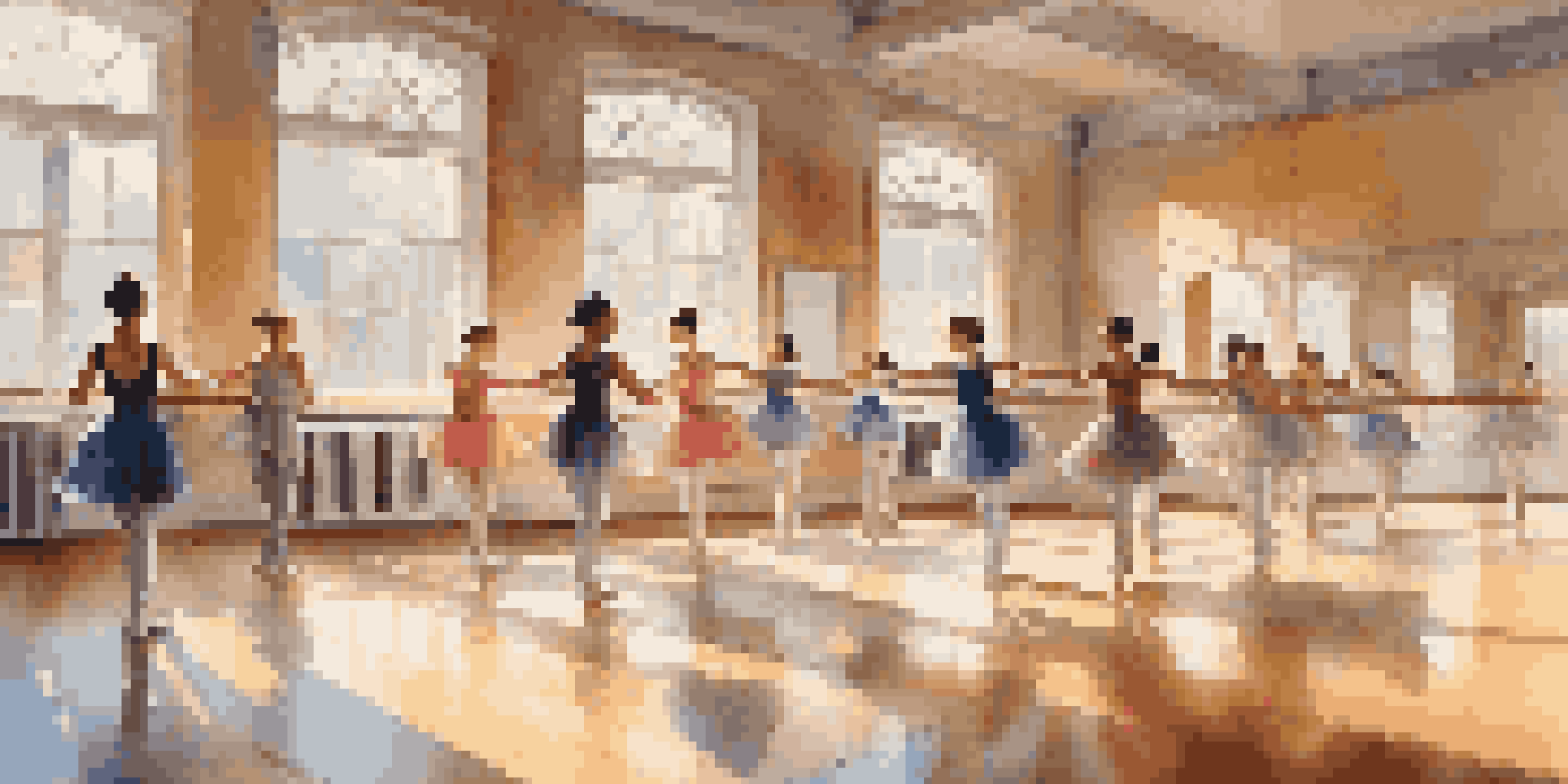 A diverse group of dancers practicing ballet in a bright studio with mirrors and polished floors.