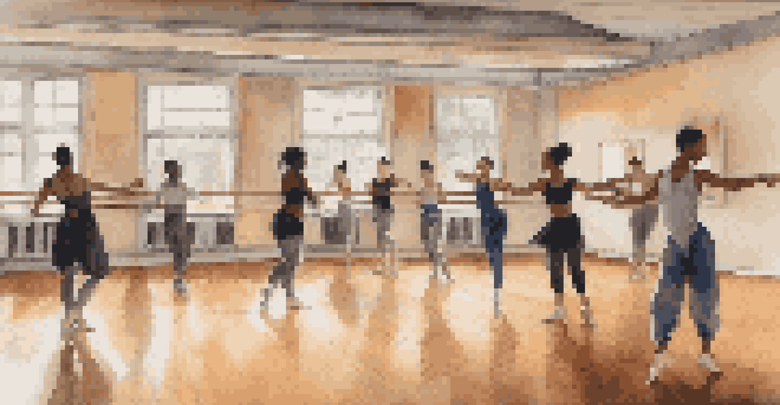 A rehearsal space featuring dancers from diverse backgrounds collaborating on a fusion of dance styles. The environment is focused and creative, highlighting the interaction between the dancers.