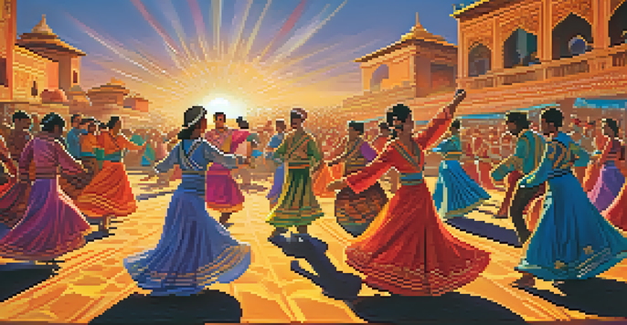 A lively festival scene with dancers in colorful traditional costumes performing under a golden sunset, with an enthusiastic audience in the background.