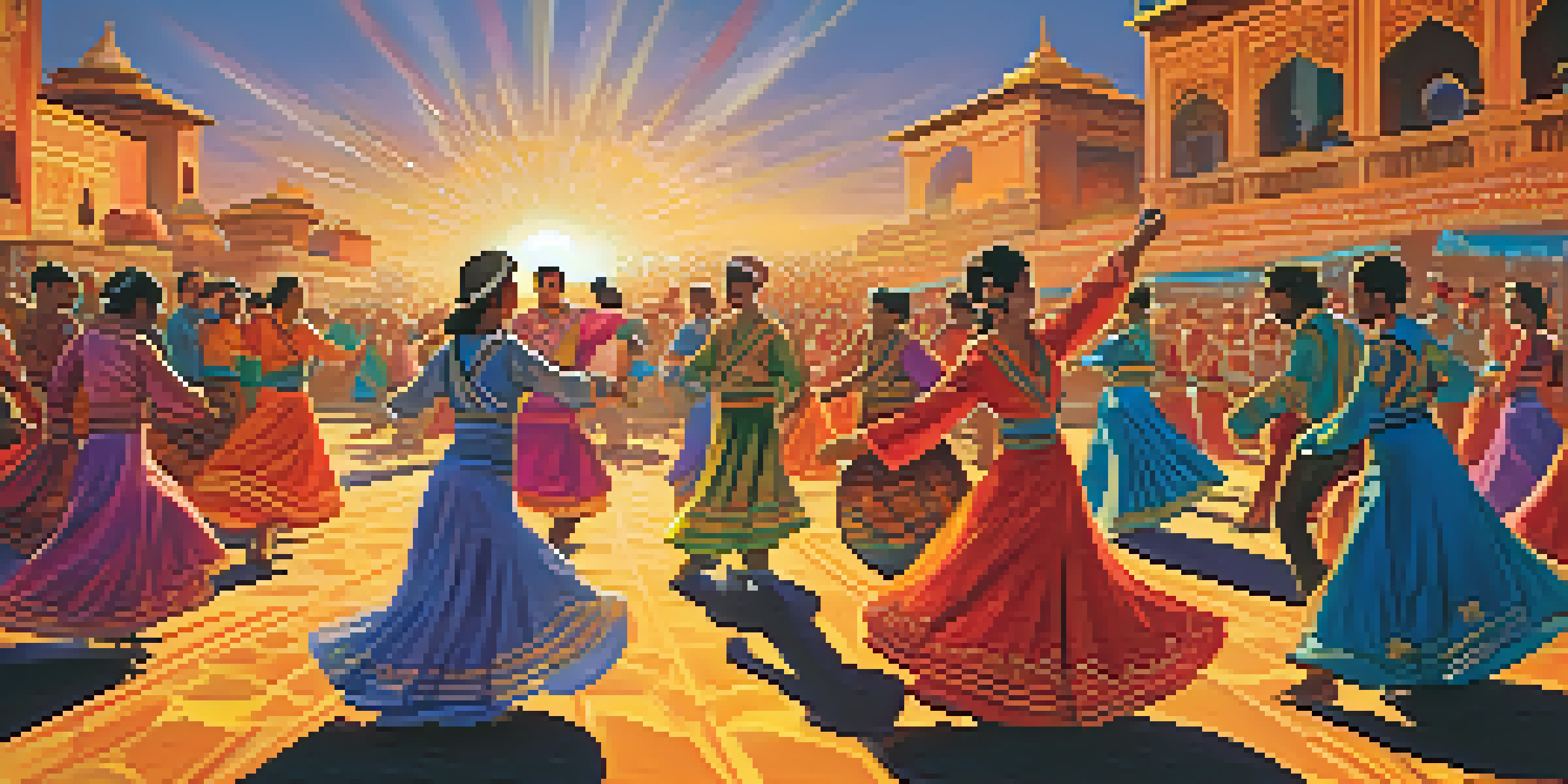 A lively festival scene with dancers in colorful traditional costumes performing under a golden sunset, with an enthusiastic audience in the background.