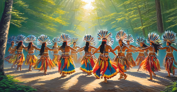 A group of Native American dancers in traditional clothing performing a healing dance in a forest, surrounded by nature and sunlight.