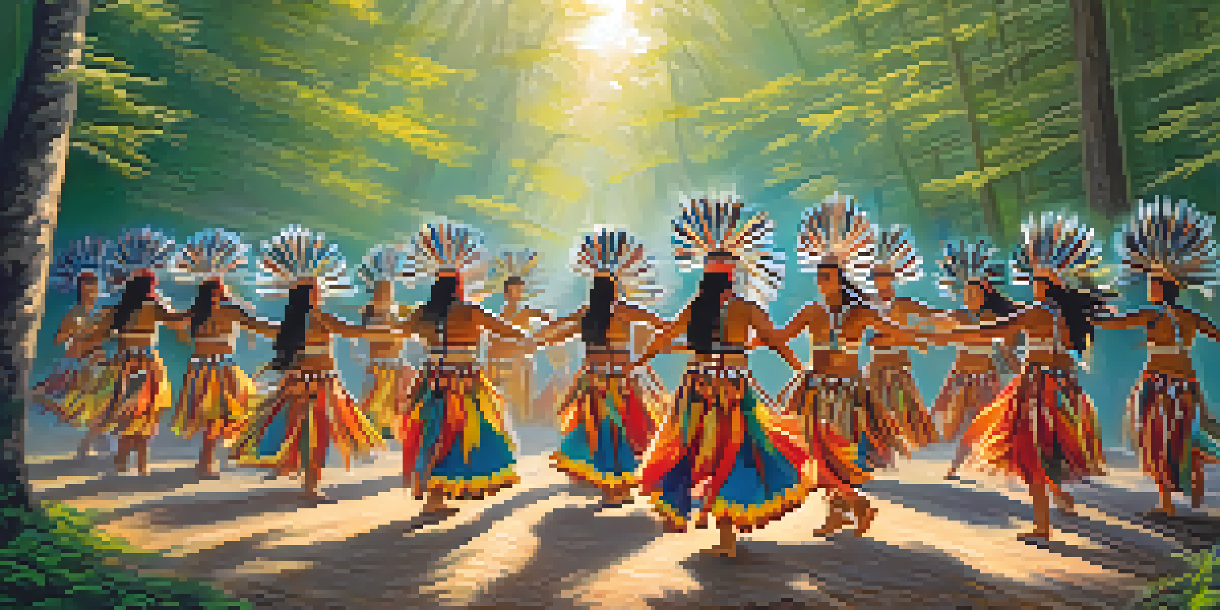A group of Native American dancers in traditional clothing performing a healing dance in a forest, surrounded by nature and sunlight.