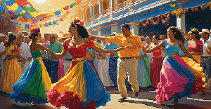 A lively Latin American festival with dancers in colorful costumes performing salsa dance, surrounded by a festive crowd and decorations under a warm sunset.