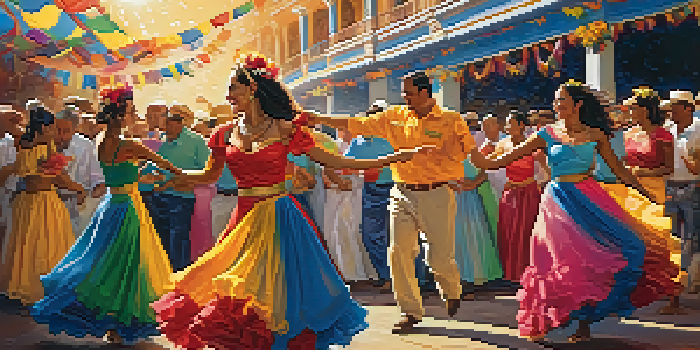 A lively Latin American festival with dancers in colorful costumes performing salsa dance, surrounded by a festive crowd and decorations under a warm sunset.