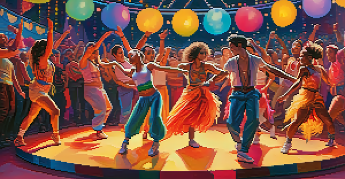 A colorful dance festival with diverse dancers showcasing various gender identities on stage, surrounded by an enthusiastic audience and bright decorations.