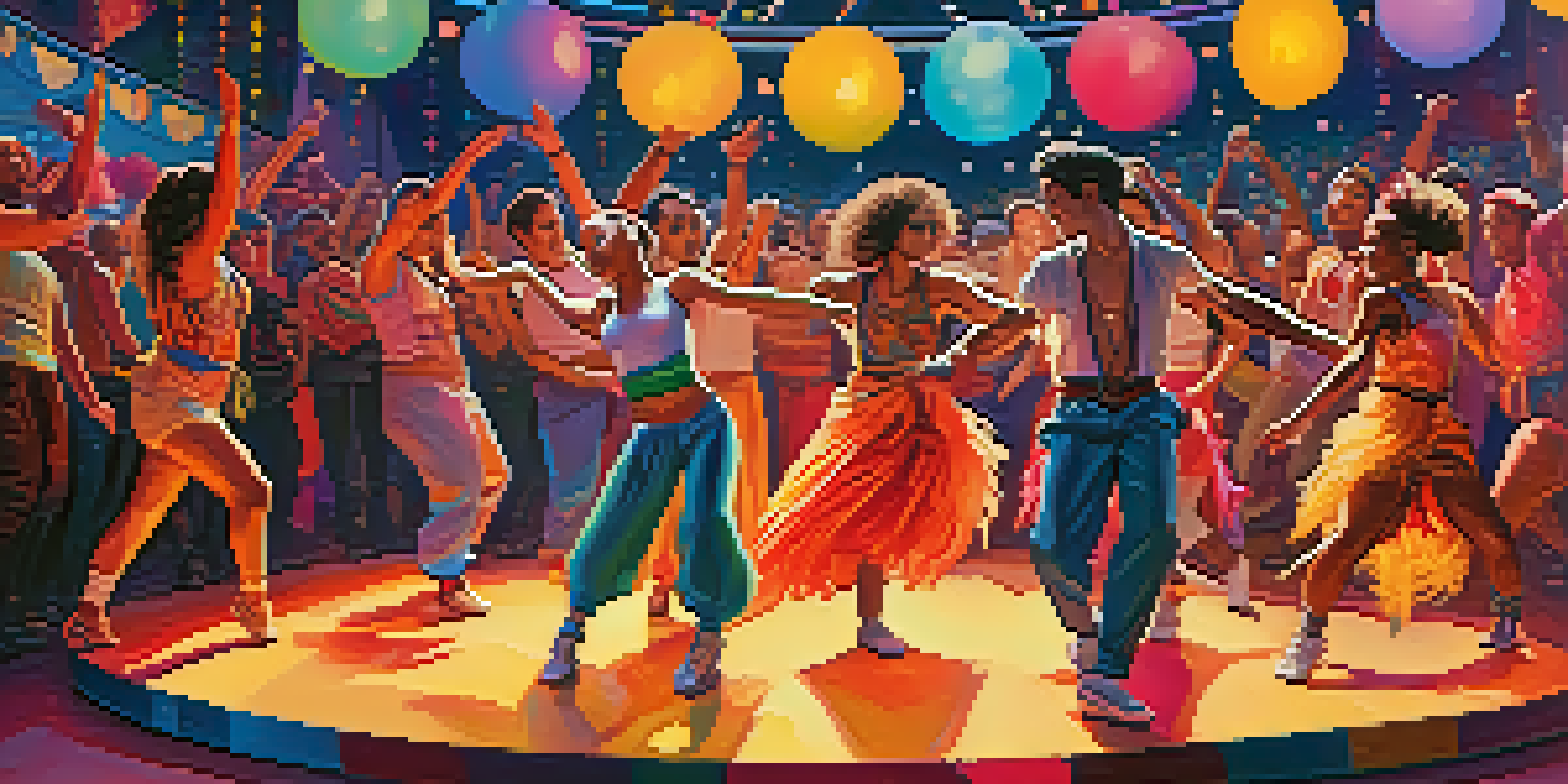 A colorful dance festival with diverse dancers showcasing various gender identities on stage, surrounded by an enthusiastic audience and bright decorations.