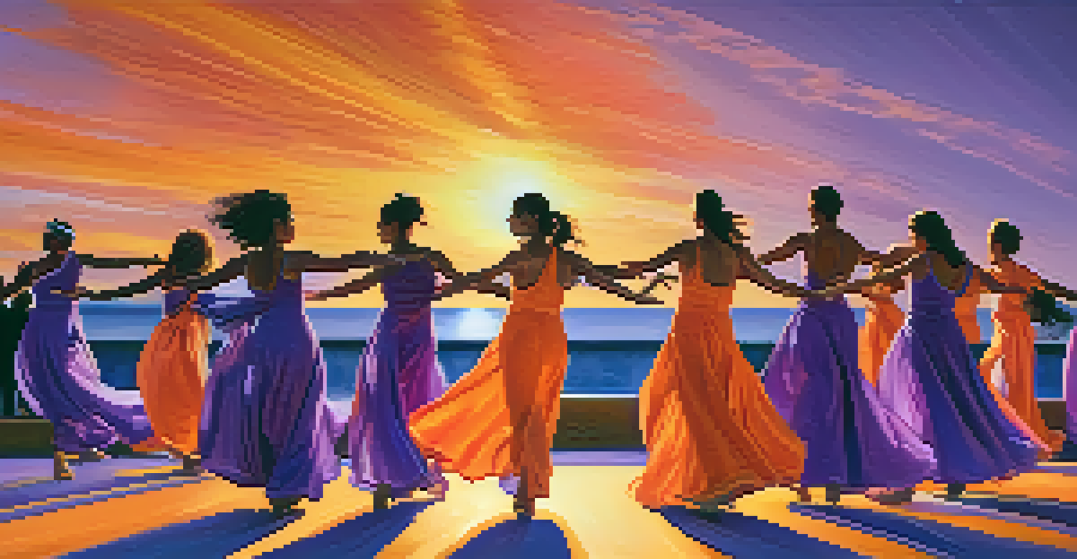 A group of dancers performing outdoors at sunset, with colorful costumes and a captivated audience.