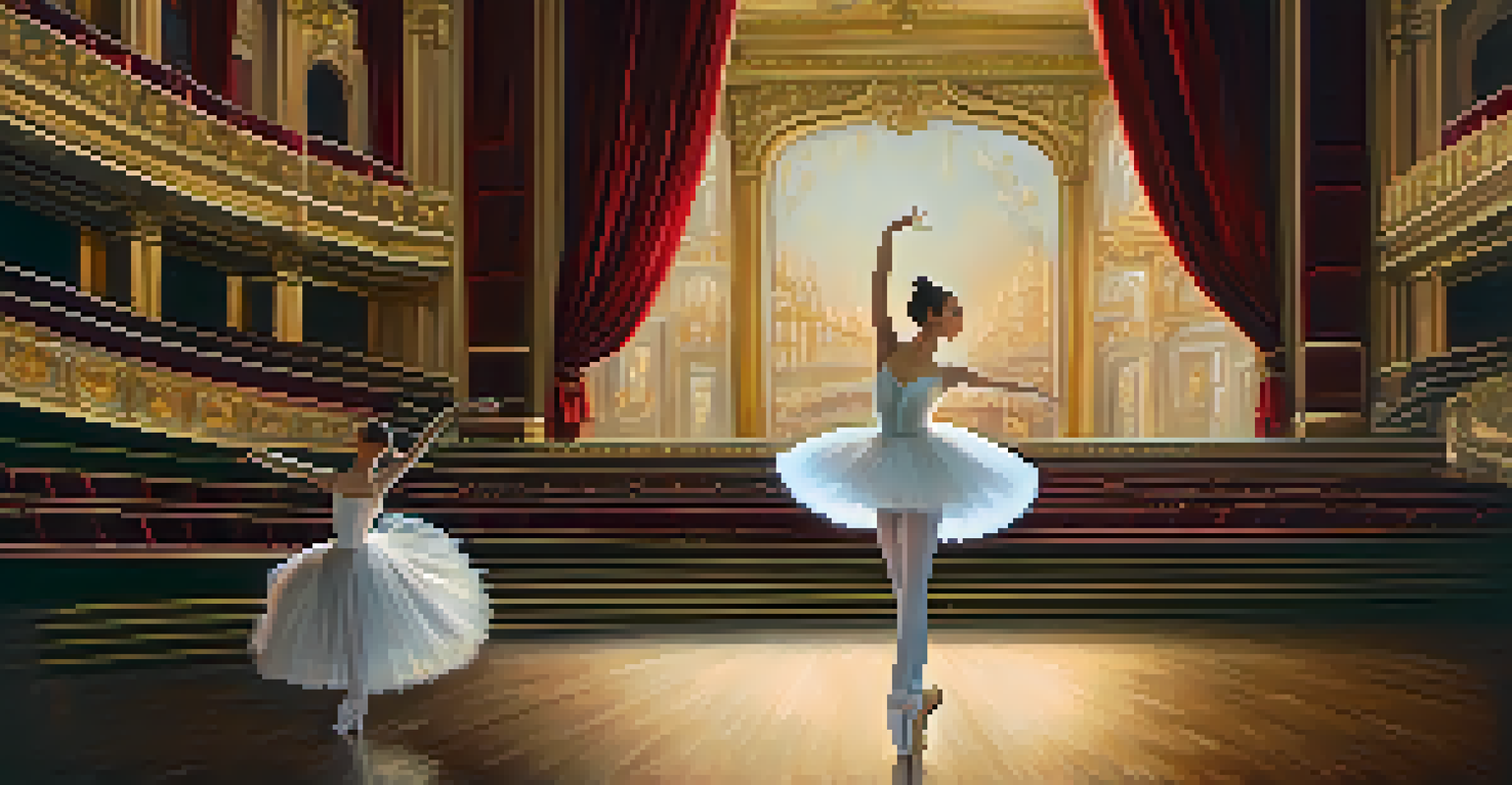 A graceful ballerina performing in a historic theater, illuminated by a spotlight, with an ornate backdrop.