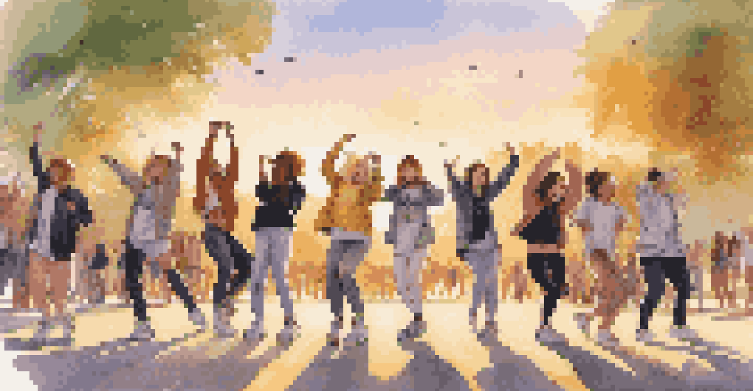 A group of friends performing a K-Pop dance challenge in a park during sunset, with spectators cheering in the background.