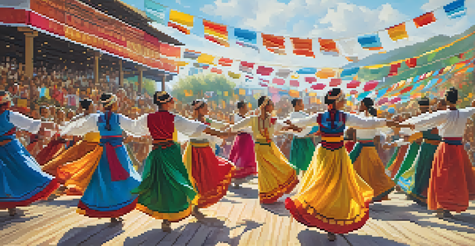A lively folk dance festival with dancers in traditional costumes and a colorful audience enjoying the performance under the sunlight.