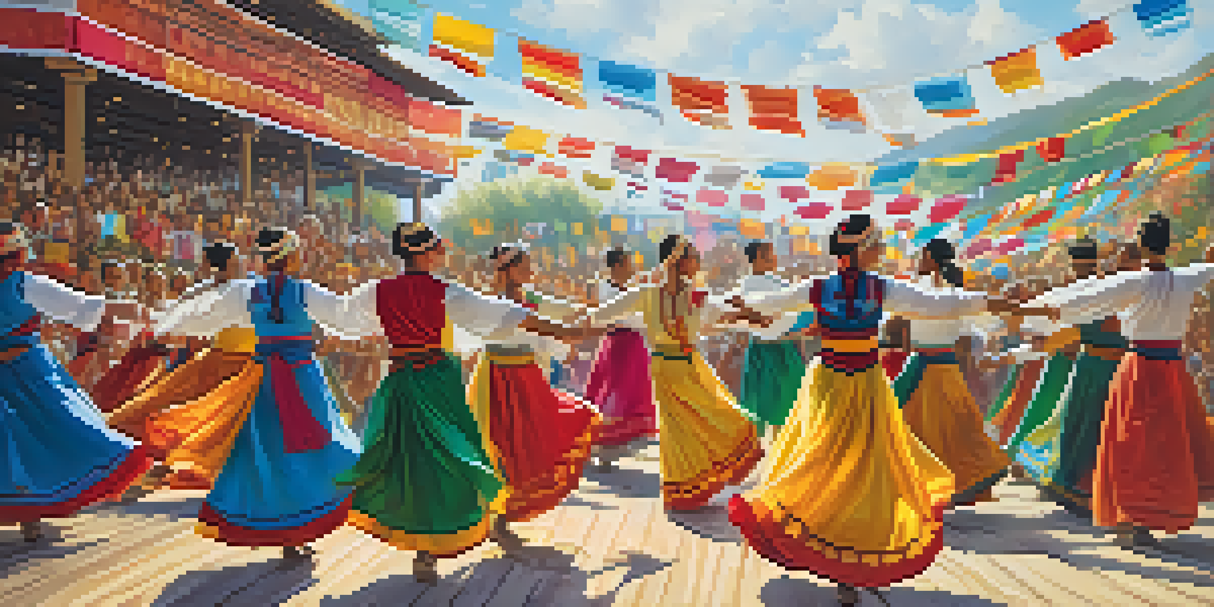 A lively folk dance festival with dancers in traditional costumes and a colorful audience enjoying the performance under the sunlight.