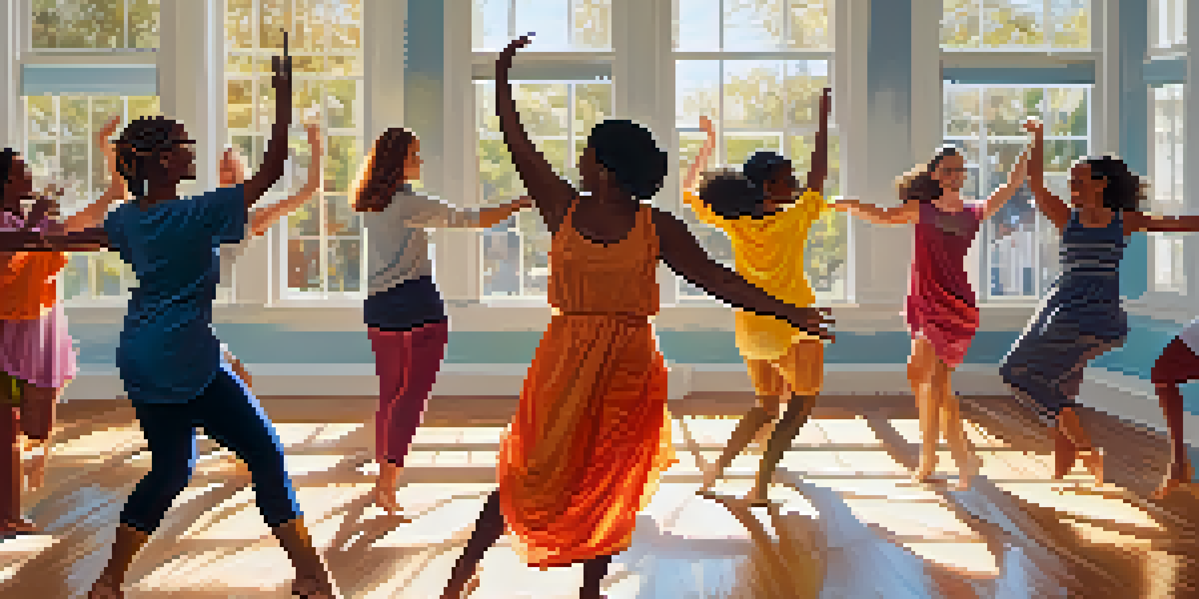A bright and inviting dance therapy studio where a diverse group of individuals is engaged in expressive movement, illuminated by sunlight.