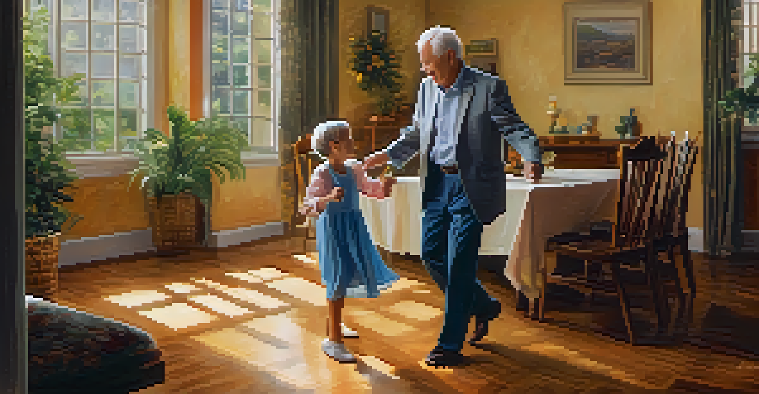 A grandparent teaching a grandchild cha-cha dance steps in a warmly lit room, showcasing joy and connection between generations.