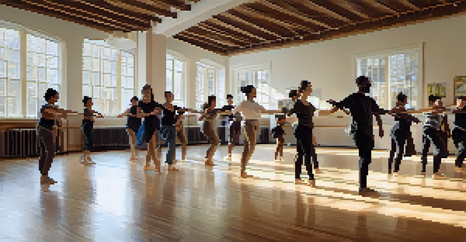 A dance workshop with diverse students learning a traditional dance from an instructor in a well-lit room filled with mirrors.
