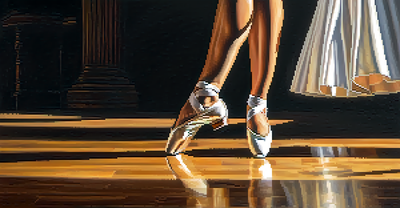 A close-up of a dancer's feet in dance shoes showcasing intricate footwork on a polished wooden stage.