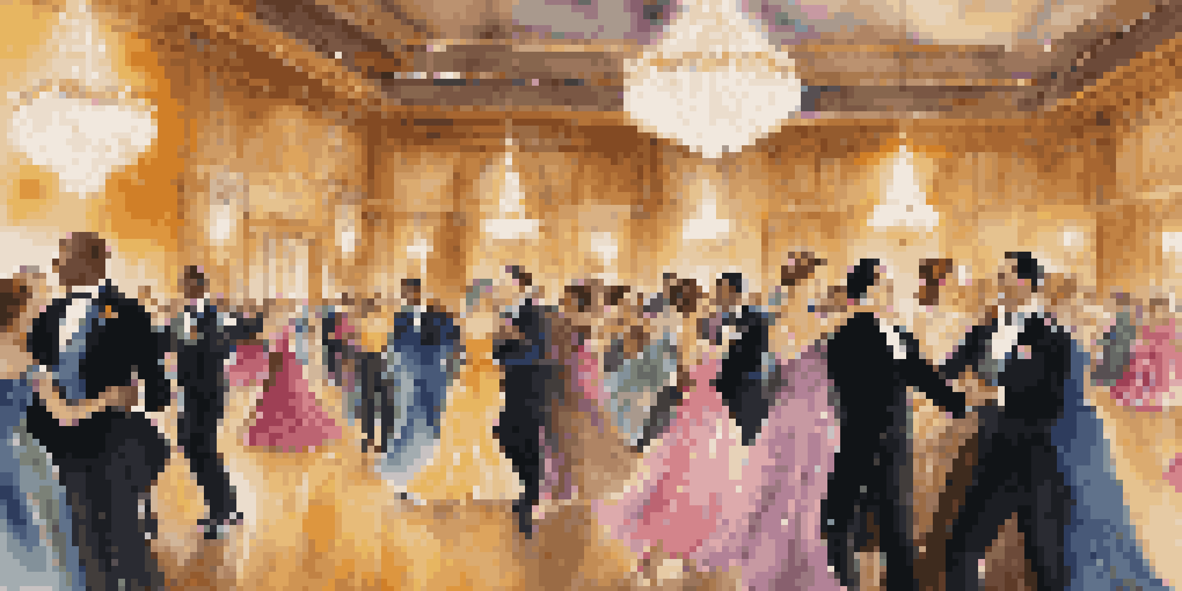 A lively ballroom filled with couples dancing, elegantly dressed with sparkling chandeliers above.