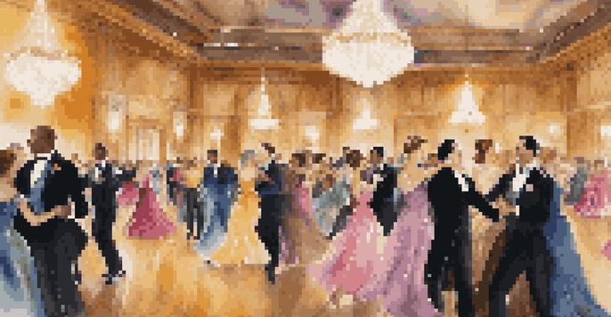 A lively ballroom filled with couples dancing, elegantly dressed with sparkling chandeliers above.