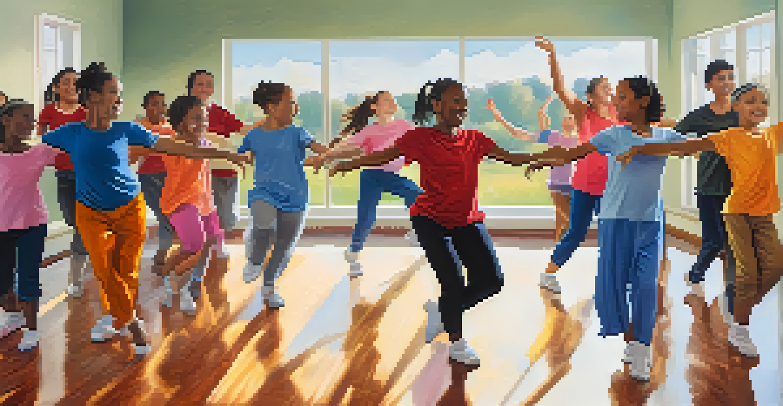 A vibrant dance class scene with diverse dancers moving joyfully in a bright studio.