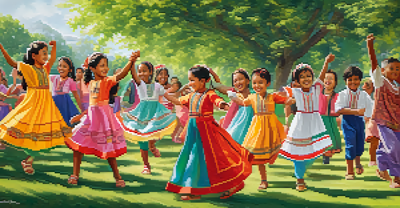 Children from diverse cultures dancing together in a park, dressed in colorful traditional costumes.