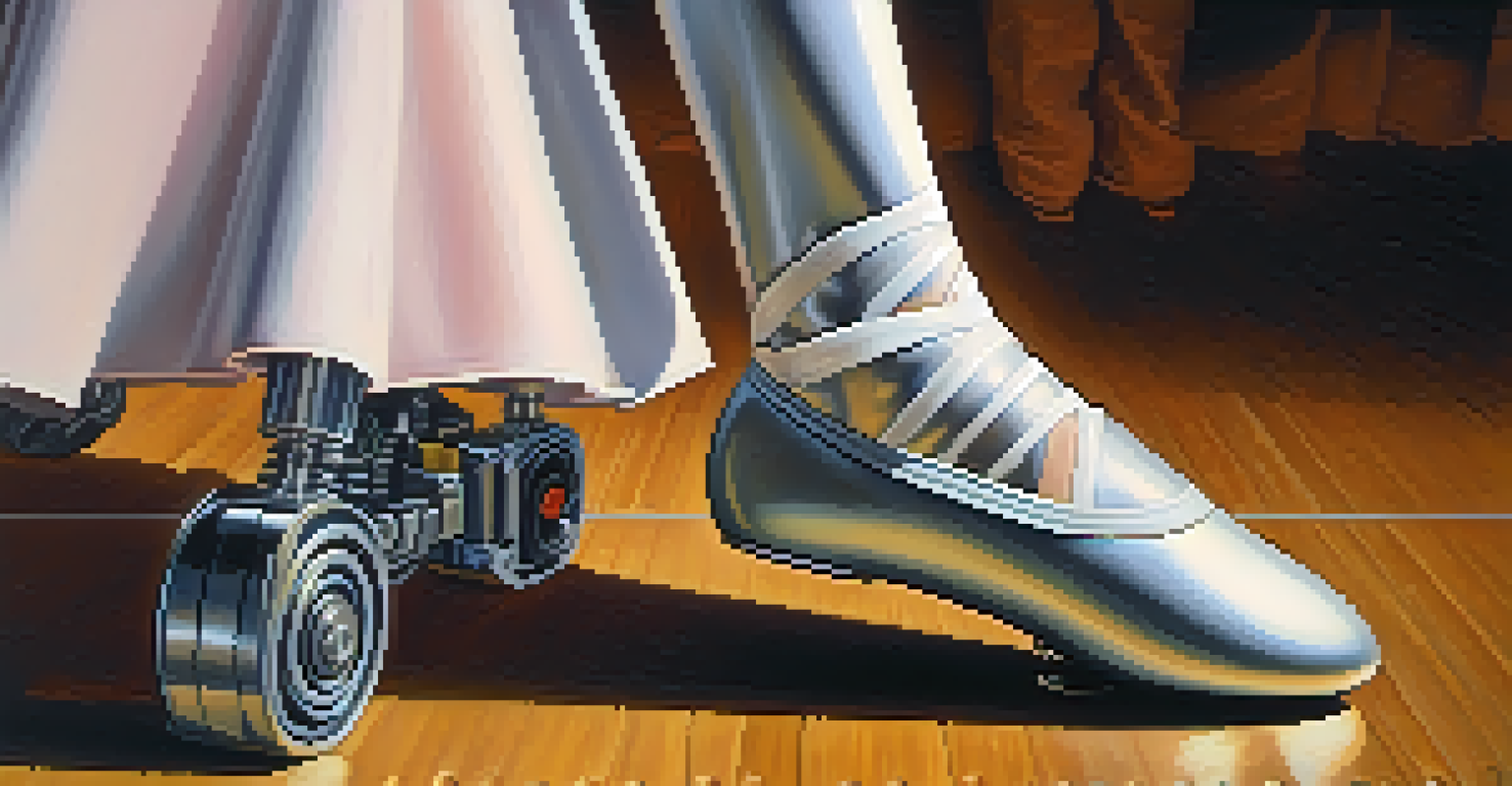 A close-up of a ballet dancer's foot in a shoe beside a robotic device on stage, emphasizing the contrast between human elegance and mechanical precision.
