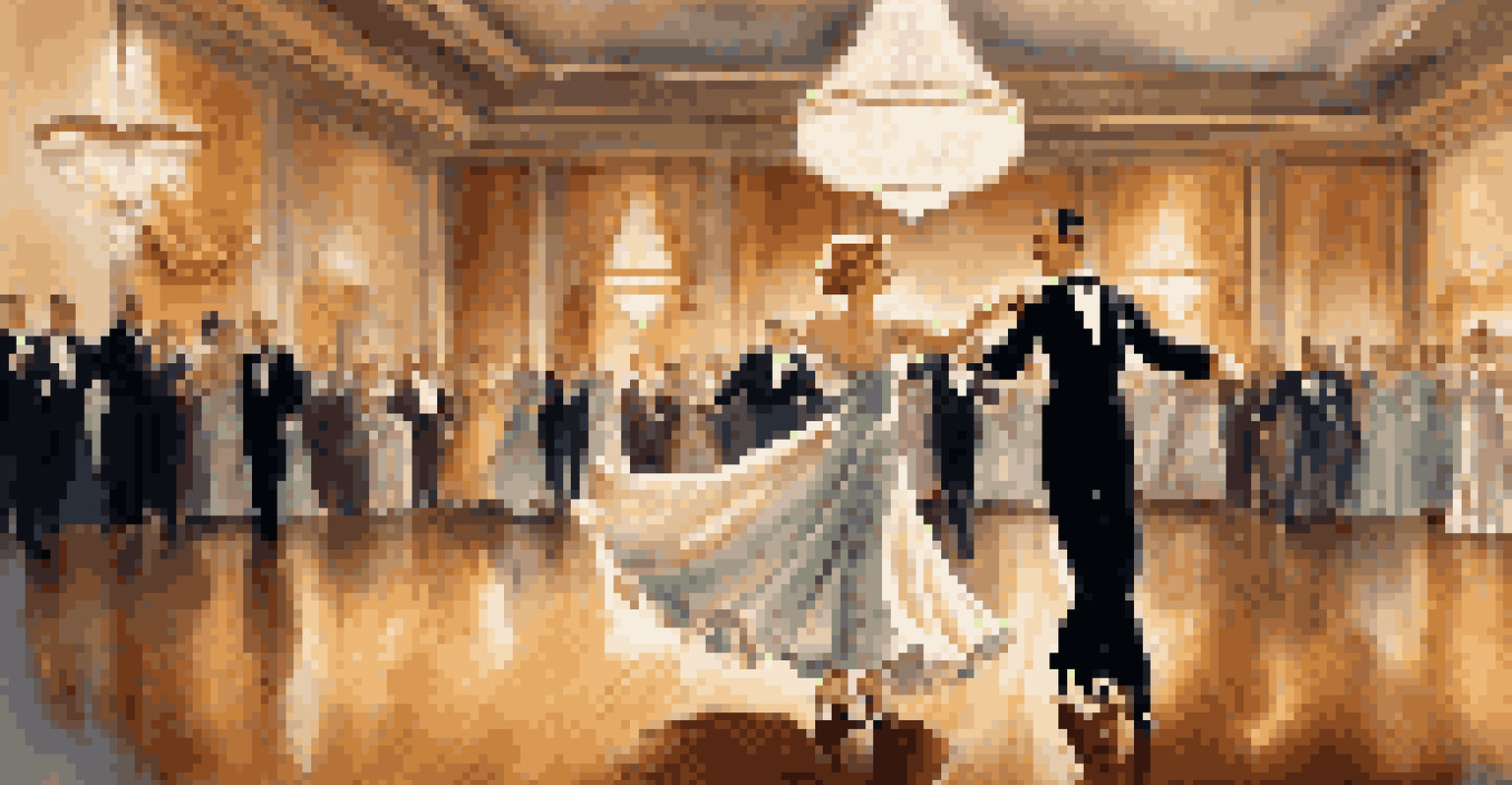 An elegant ballroom dance performance reminiscent of the 1930s with a couple in classic attire, illuminated by soft lighting and a sparkling chandelier.