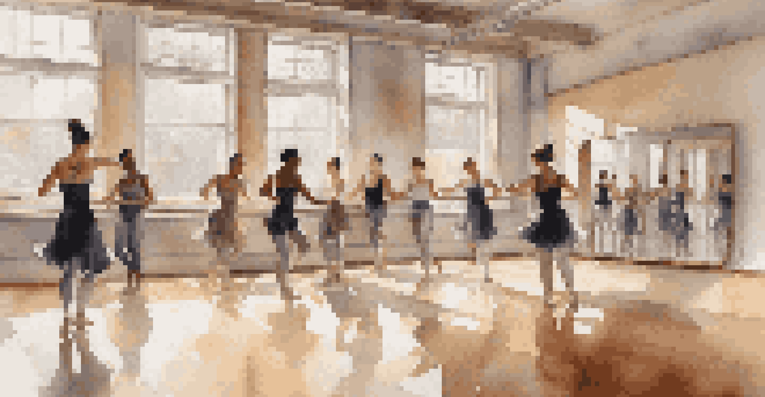 A diverse group of dancers rehearsing in an intimate dance studio, with mirrors reflecting their movements and natural light creating a warm atmosphere.