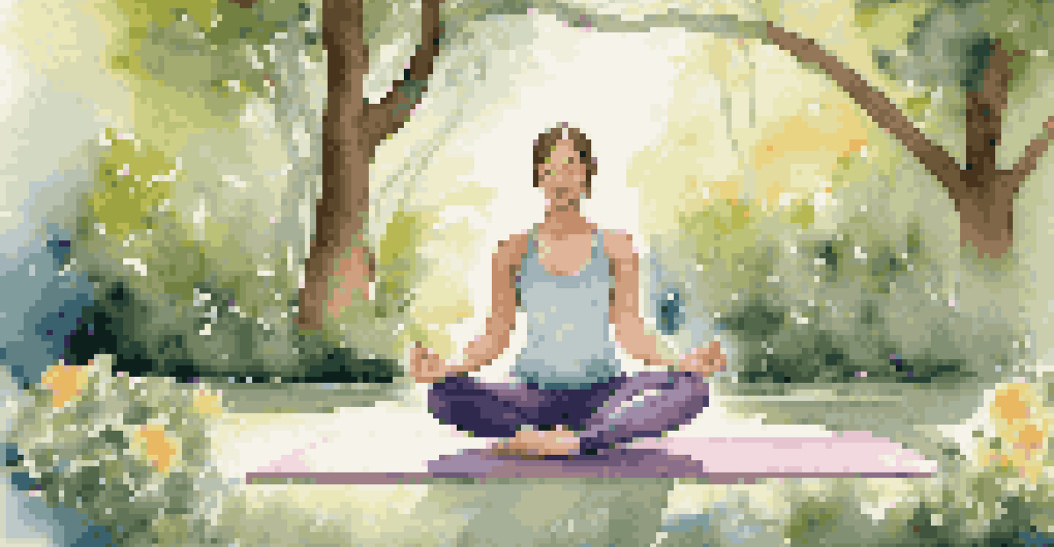 An individual practicing deep breathing and gentle stretching on a yoga mat in a tranquil outdoor garden setting.