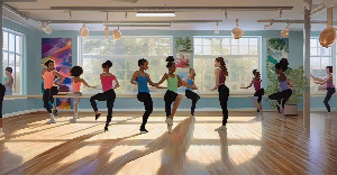 A lively dance studio with students of various ethnicities practicing together, surrounded by mirrors and colorful decorations.