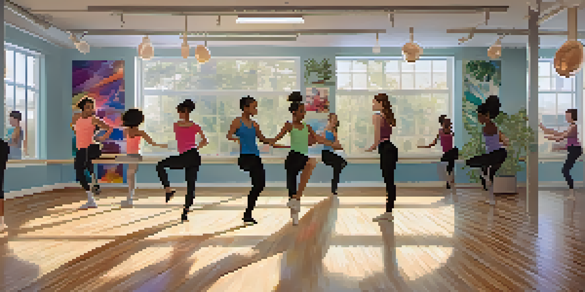 A lively dance studio with students of various ethnicities practicing together, surrounded by mirrors and colorful decorations.