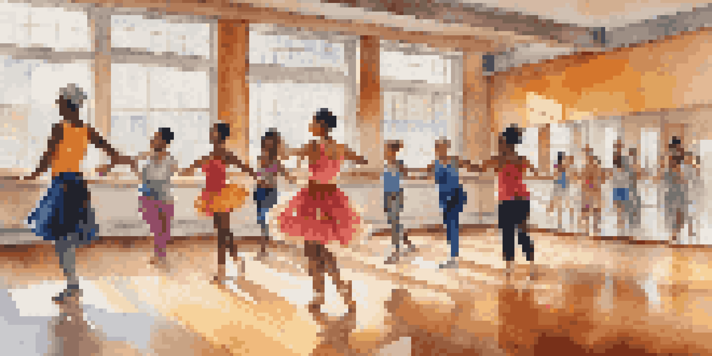 A diverse group of dancers in a bright dance studio, engaged in a lively dance class with wooden flooring and mirrors.