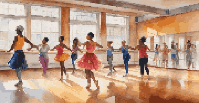 A diverse group of dancers in a bright dance studio, engaged in a lively dance class with wooden flooring and mirrors.