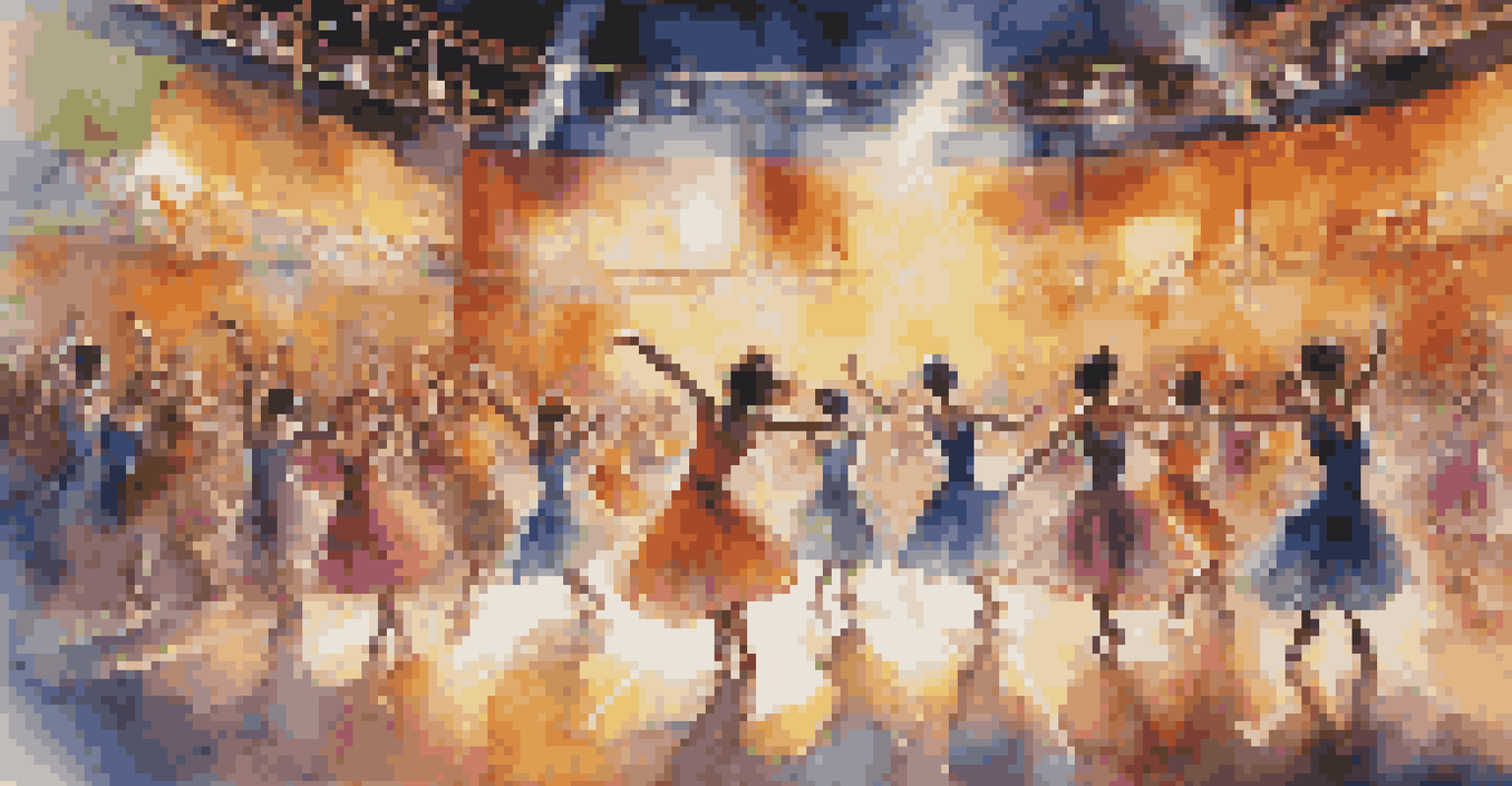 Dancers in colorful costumes performing on stage at a dance competition, with an engaged audience.