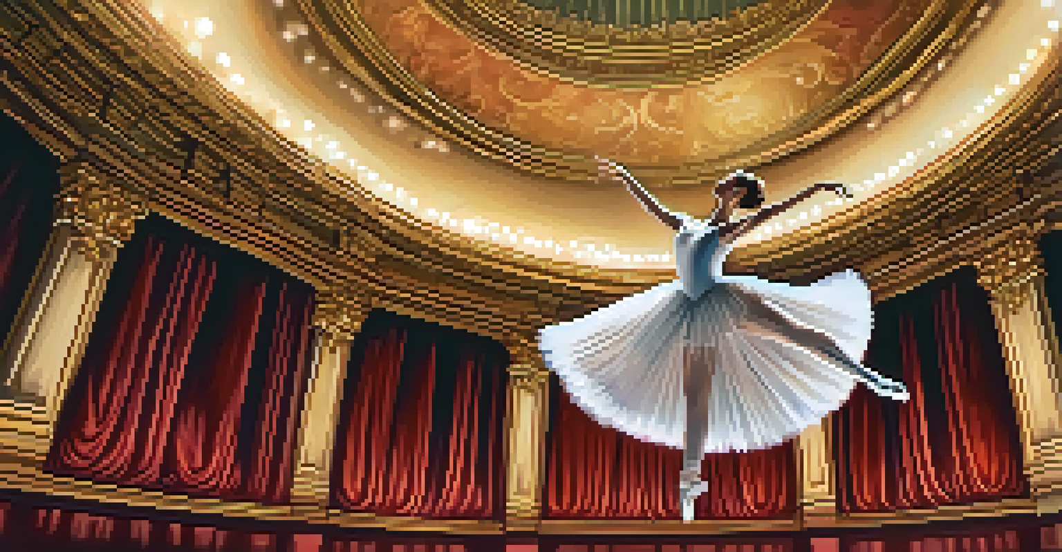 A female ballet dancer in a white tutu gracefully leaping on stage in a grand theater, surrounded by golden chandeliers and red velvet curtains.
