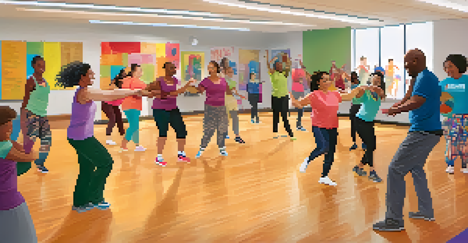 An inclusive dance workshop with participants of different abilities, smiling and engaging in adaptive movements.