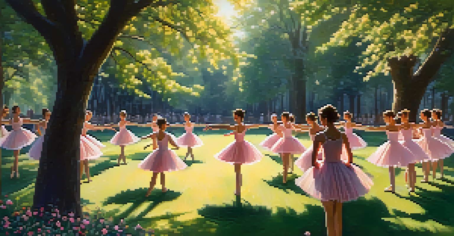 Ballet dancers rehearsing outdoors in a sunny park, surrounded by flowers, capturing the grace of their movements in a natural setting.