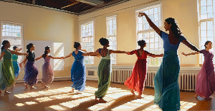 A group of diverse individuals participating in a dance therapy session in a bright studio, expressing joy through movement.