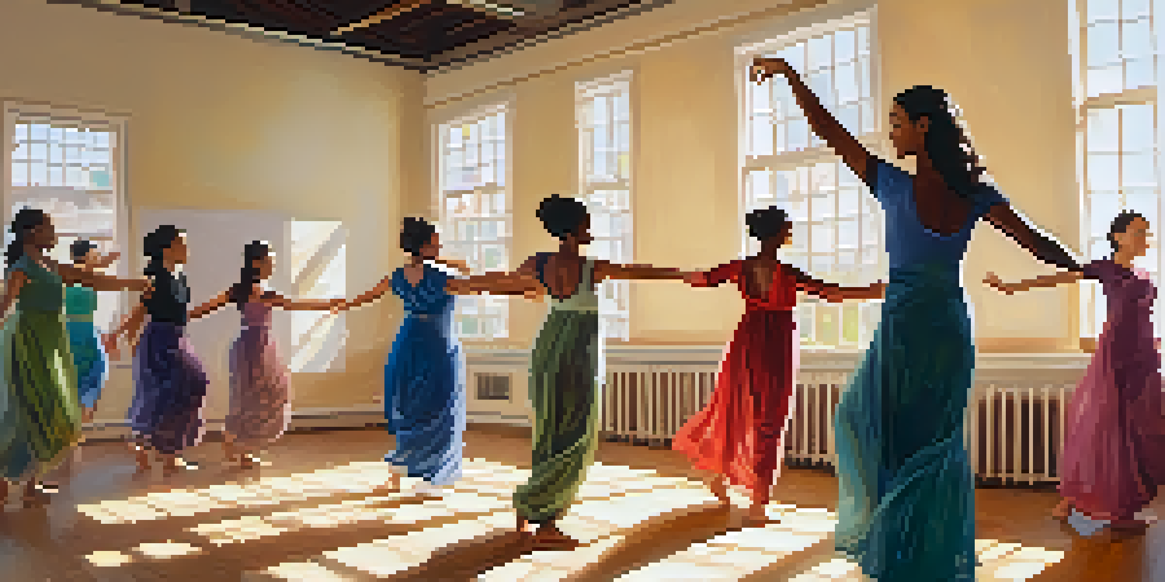 A group of diverse individuals participating in a dance therapy session in a bright studio, expressing joy through movement.